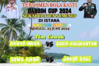 Pemflet Turnamen Kasti Dandim Cup 2024 di Pantai Slopeng Sumenep.