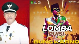 Foto: Kades Paberasan Rahman Saleh (kiri) , Pamflet Lomba Puisi dan Pidato Ala Bung Karno 