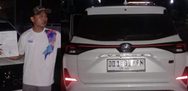 Ket foto: RT, Penguasa kendaraan (kiri), 1 unit kendaraan roda empat jenis Toyota All New Veloz dengan nomor polisi DD 1201 ABM diduga merupakan aset milik PT BCA Finance (kanan)