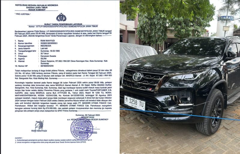 Foto: Laporan Polisi (kiri), Unit mobil Fortuner yang berhasil diamankan Polres Sumenep (kanan)