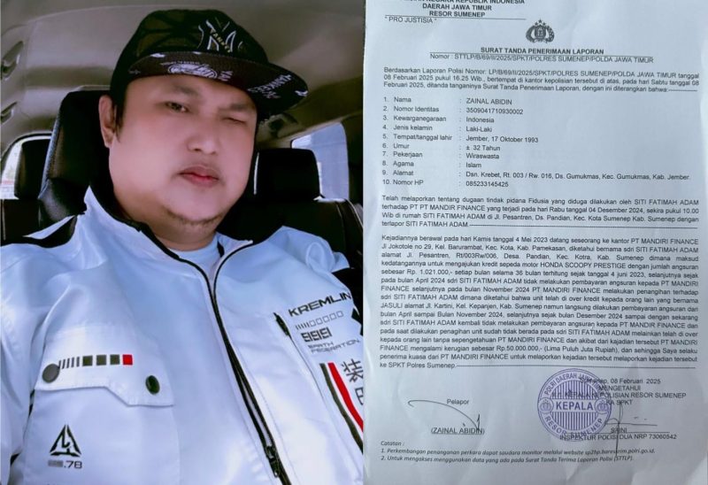 Foot: Pengacara Mandiri Utama Finance (MUF), A. Effendi, S.H (kiri), Laporan Polisi MUF terhadap warga desa Pandian Sumenep (kanan)