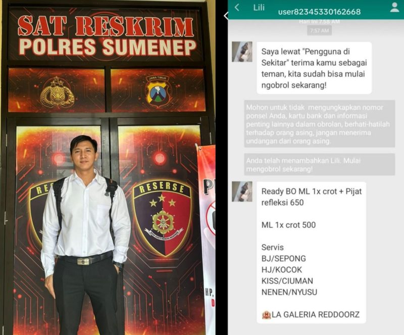 Foto : Ahmad Amien Rifa'e (kiri), Bukti seorang perempuan bernama Lliki tawarkan jasa BO di RedDoorz La Galleria Sumenep (kanan )