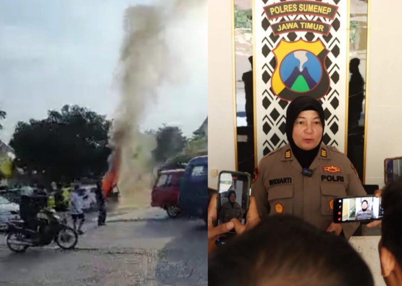 Foto: Mobil terbakar di depan Masjid Jamik (kiri ) , Kasi Humas Polres Sumenep AKP Widiarti ( kanan) 