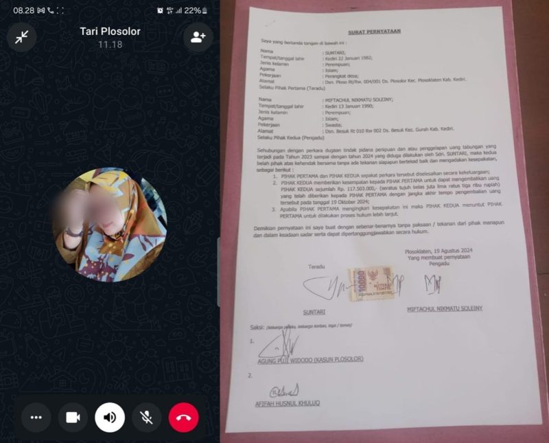 Foot : Bukti saat oknum Perangkat desa Suntari menghubungi Jurnalis Detikzonemid meminta penghapusan berita dengan iming iming fukus Rp 1 juta ( kiri) 