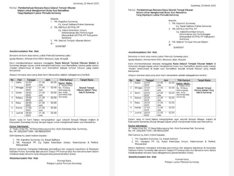 Foto : Surat resmi pemberitahuan kegiatan operasi bersama yang akan dilayangkan hari ini ke Polres Sumenep, Satpol PP Sumenep dan semua tempat hiburan malam 
