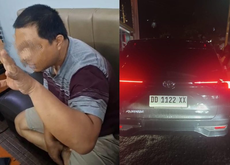 Foto : Oknum Polisi Polsek Manggala Aipda Sudirman saat marah marah di lokasi pertemuan pihak PT. Moladin FInance (Kiri) , Foto kendaraan yang  gunakan nomor polisi palsu saat ditemukan (kanan)