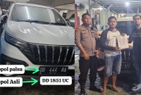 Foto : Aipda Hendro Bagas bersama mobil saat dikonfirmasi (kiri )
Aipda bagas saat menyerahkan kendaraan yang diduga bodong  kepada Clipan Finance (kanan)