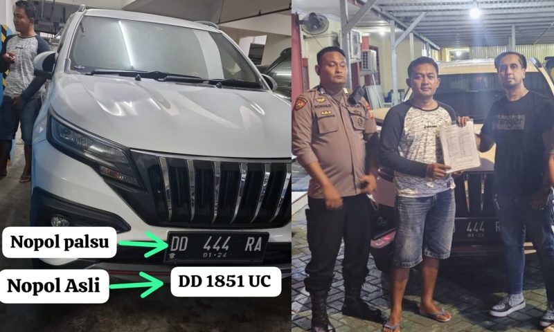Foto : Aipda Hendro Bagas bersama mobil saat dikonfirmasi (kiri )
Aipda bagas saat menyerahkan kendaraan yang diduga bodong  kepada Clipan Finance (kanan)