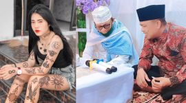 Ilustrasi Perempuan Bertato (kiri),  Kades Joni Junaidi bersama KH. Ad-dailamy (kanan ) . Benturan dua kutub kehidupan. Wibawa kiai yang menegakkan norma agama bersanding dengan sosok perempuan bertato yang memancarkan kebebasan tanpa batas. Potret ini menggambarkan tegangnya tarik-menarik antara nilai religius Sapeken dan derasnya budaya luar yang masuk.