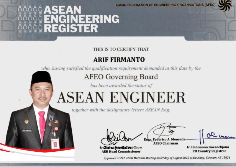 Dr. Ir. Arif Firmanto menerima gelar ASEAN Engineer, menandai pengakuan internasional atas dedikasi dan profesionalismenya