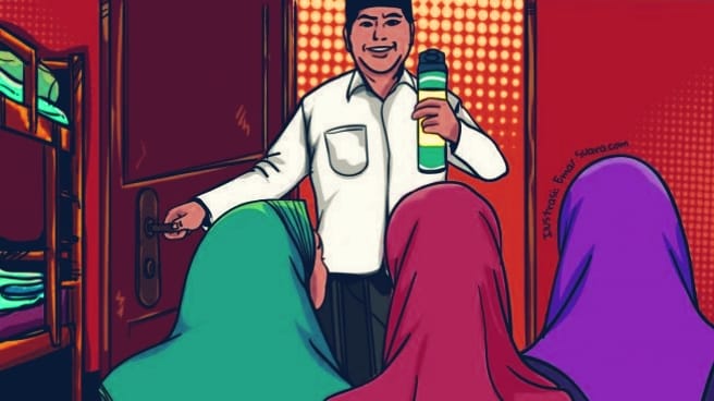 Di balik senyum yang menipu, tersimpan birahi bejat yang menghancurkan masa depan sembilan santriwati. Ilustrasi ini menggambarkan luka yang kini dibawa ke meja hijau PN Sumenep.

