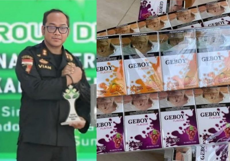 KOLASE FOTO. Kepala Kantor Bea Cukai Madura Novian Dermawan dan rokok ilegal merk Geboy yang ditengarai milik Haji Fahmi PR Sekar Anom di Desa Blumbungan, Kecamatan Larangan, Kabupaten Pamekasan, yang dibiarkan bebas beredar tanpa penegakan hukum