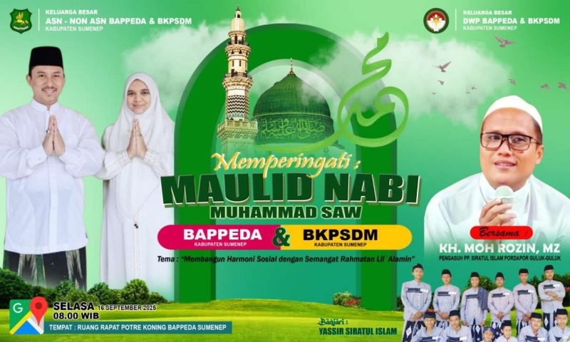 Pamflet Maulid Nabi Muhammad SAW 1447 H yang diselenggarakan Bappeda dan BKPSDM Sumenep dengan tema 