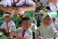 Ekspresi polos anak-anak SDN Pangarangan III Sumenep saat mencicipi menu Program Makan Bergizi. “Pak Prabowo, keras banget ayamnya,” ujar salah satu siswa.
