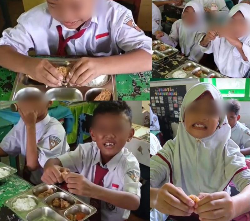 Ekspresi polos anak-anak SDN Pangarangan III Sumenep saat mencicipi menu Program Makan Bergizi. “Pak Prabowo, keras banget ayamnya,” ujar salah satu siswa.
