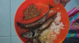 Dua siswa SDN Pabian IV tampak membawa pulang lauk ikan pindang dan tempe usai jam makan siang, Kamis (30/12/2025). Menu Program Makan Bergizi (MBG) hari itu dikeluhkan karena dinilai kurang layak dan tidak diminati anak-anak.
