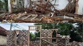 Atas: Kondisi Musala Al-Ikhlas di Manding sesaat setelah roboh. Bawah: Proses pembangunan kembali musala yang kini telah mencapai 20 persen.
