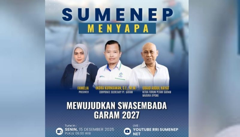 Program dialog publik Sumenep Menyapa yang disiarkan oleh RRI Pro 1 Sumenep menjadi wadah edukasi strategis untuk membangun kesadaran masyarakat tentang pentingnya swasembada garam nasional.
