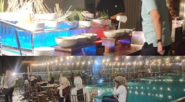 Suasana romantis malam Minggu di area kolam renang Myze Hotel Sumenep saat pengunjung menikmati sajian makan dan minum sepuasnya diiringi live musik.