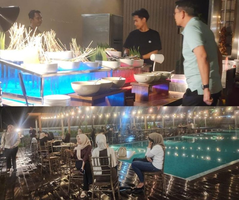 Suasana romantis malam Minggu di area kolam renang Myze Hotel Sumenep saat pengunjung menikmati sajian makan dan minum sepuasnya diiringi live musik.