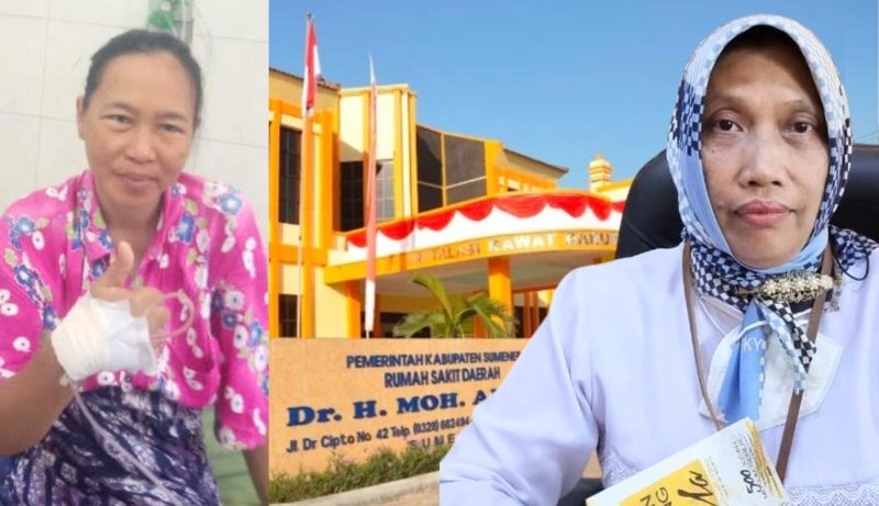 Keterangan Foto kiri : Pasien stroke Yan Surah (40), warga Ambunten Tengah, saat dipersiapkan pulang dari RSUD Sumenep setelah dinyatakan membaik dan mampu berjalan kembali berkat perawatan intensif dan pelayanan humanis.