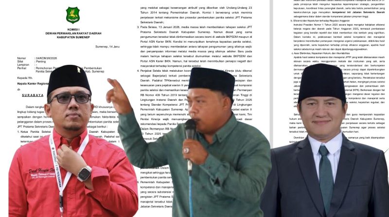 Dari kiri ke kanan: Darul Hasyim, Ketua Komisi I DPRD Sumenep; Farid Gaki, pengamat kebijakan publik, dan Akhmadi Yasid, anggota DPRD Fraksi PKB. Ketiganya tengah menjadi perbincangan publik terkait polemik Seleksi Sekda Kabupaten Sumenep, dengan Farid Gaki mengkritisi langkah Komisi I yang dianggap terlalu “nafsu” dalam surat ke BKN.