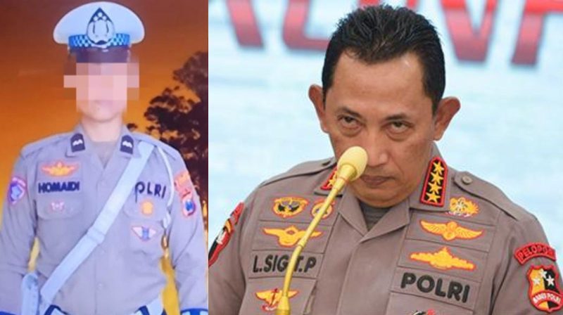 Homaidi (kiri), oknum Satlantas Sumenep yang diduga menakut-nakuti jurnalis, terlihat berdampingan dengan Kapolri Listyo Sigit (kanan), simbol reformasi Polri yang kini diuji oleh ulah aparat bawahannya