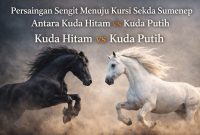 Keterangan Foto:
Ilustrasi simbolik persaingan seleksi Sekda Sumenep 2026 antara figur Kuda Hitam dan Kuda Putih. Dua kuda ini menggambarkan dinamika kompetisi birokrasi, di mana publik menantikan sosok pemimpin yang mampu mengorkestrasi pemerintahan dengan stabil, konsisten, dan efektif.