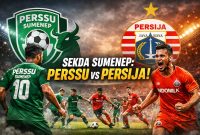 Ilustrasi pertarungan sengit seleksi Sekda Sumenep yang dianalogikan seperti laga Perssu Sumenep versus Persija Jakarta—dua kekuatan berimbang yang saling menekan, dengan hasil akhir ditentukan oleh strategi, ketenangan, dan keputusan di menit-menit krusial.