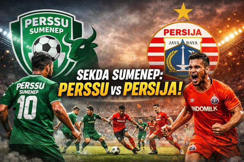 Ilustrasi pertarungan sengit seleksi Sekda Sumenep yang dianalogikan seperti laga Perssu Sumenep versus Persija Jakarta—dua kekuatan berimbang yang saling menekan, dengan hasil akhir ditentukan oleh strategi, ketenangan, dan keputusan di menit-menit krusial.