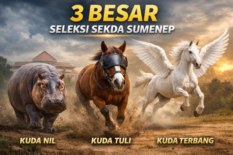 Ilustrasi dinamika Seleksi Terbuka Sekretaris Daerah (Sekda) Kabupaten Sumenep 2026 yang memasuki fase penentuan tiga besar. Tiga metafora kepemimpinan yang disorot pengamat birokrasi Abu Jamal layaknya Kuda Nil, Kuda Tuli, dan Kuda Terbang. Ketiganya melambangkan karakter berbeda yang dinilai paling berpeluang melaju ke tahap akhir sebagai dirigen birokrasi Sumenep.