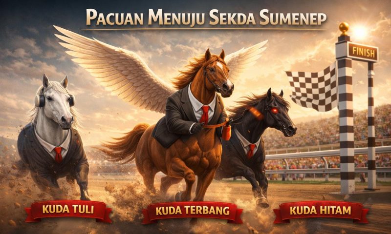 Keterangan Foto:
Tiga “kuda” Sekda Sumenep – Terbang, Hitam, dan Tuli – tengah melaju sengit di lintasan kompetisi birokrasi, masing-masing menunjukkan karakter dan strategi berbeda, menunggu siapa yang akan mencapai finis pertama.