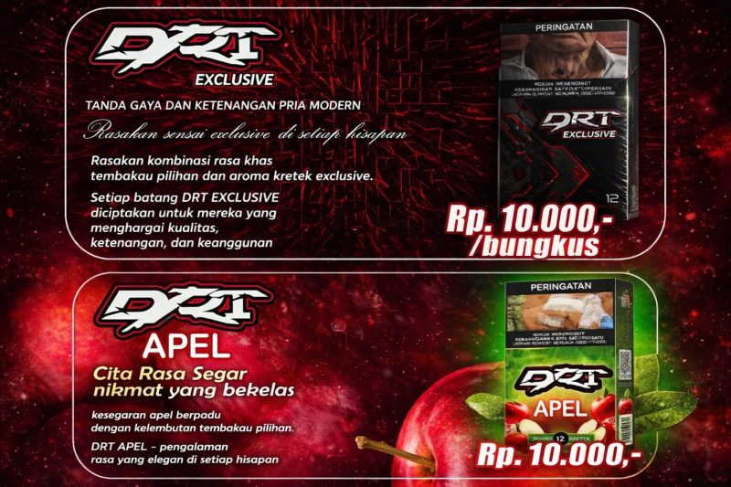 Nikmati sensasi berbeda dari DRT Exclusive yang berkarakter dan DRT Apel dengan kesegaran rasa buah. Perpaduan tembakau pilihan untuk pengalaman yang lebih nikmat. Hanya Rp10.000 per bungkus.