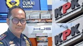 Kolase ini menampilkan Kantor Bea Cukai Madura, Kepala Bea Cukai Madura Novian Dermawan, rokok merek SUBUR JAYA HJS, serta simbol KPK yang disebut mulai turun tangan dalam dugaan pelanggaran pita cukai di Madura.