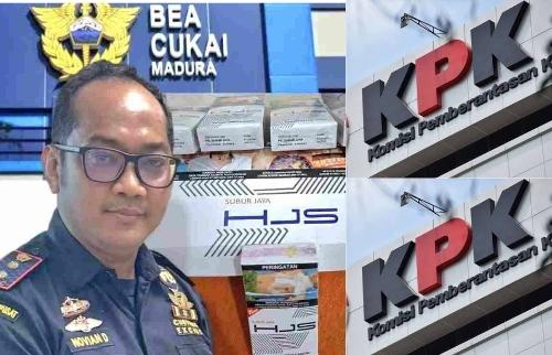 Kolase ini menampilkan Kantor Bea Cukai Madura, Kepala Bea Cukai Madura Novian Dermawan, rokok merek SUBUR JAYA HJS, serta simbol KPK yang disebut mulai turun tangan dalam dugaan pelanggaran pita cukai di Madura.
