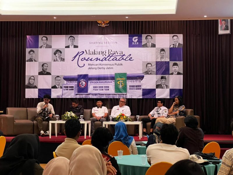 Peserta forum Malang Raya Roundtable yang digelar GEN Malang Raya saat membahas rencana laga Arema FC vs Persebaya di Stadion Kanjuruhan, Rabu (15/4/2026), di Kota Malang.