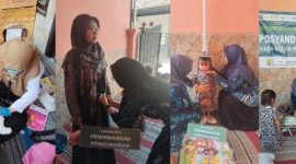 Nakes Puskesmas Pandian bersama ibu kader Desa Kolor saat memberikan pelayanan kesehatan pada kegiatan Posyandu ILP di Posyandu Strawberry.