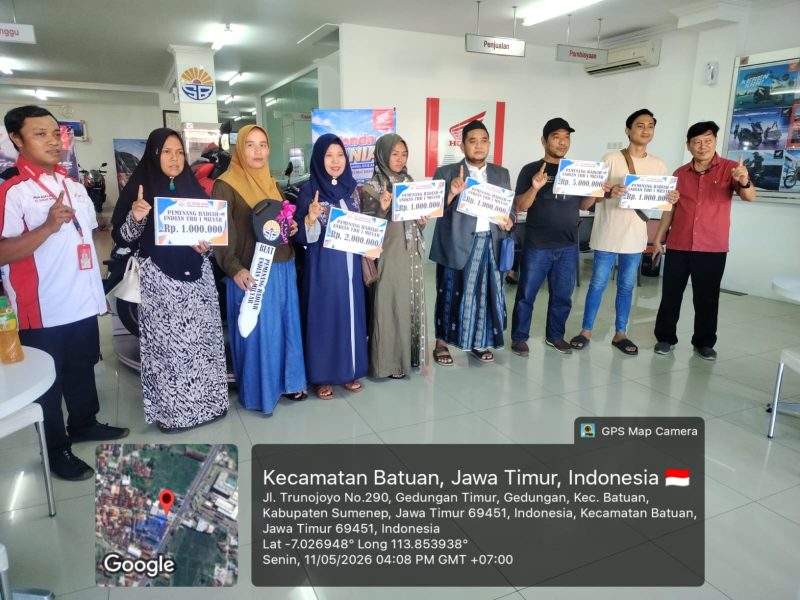 Sebanyak tujuh pelanggan CV. Sinar Baru Sumenep menerima hadiah berupa satu unit Honda Beat dan uang tunai jutaan rupiah dalam program undian Honda Jatim periode pembelian 1 Februari–1 Maret 2026.