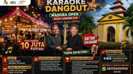 Pamflet resmi Festival Karaoke Dangdut Madura Open 2026 “Bupati Sumenep Cup”, yang akan menjadi ajang bergengsi adu bakat suara emas sekaligus penggerak ekonomi UMKM di Kabupaten Sumenep. Ajang ini dipastikan menghadirkan persaingan sengit para peserta dari berbagai daerah dalam satu panggung kemeriahan rakyat Madura.