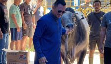 Founder BIP Foundation, Ali Zainal Abidin, saat menggiring sapi kurban jumbo berbobot 1,05 ton yang dipersembahkan khusus untuk almarhumah ibunda Ainun dan keluarga tercinta pada momentum Hari Raya Iduladha 1447 Hijriah/2026 Masehi.