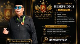 Pamflet resmi rekrutmen CV Ayunda Permata Sejahtera yang mengumumkan pembukaan lowongan kerja posisi Resepsionis. Kesempatan ini terbuka bagi kandidat terbaik yang siap menjadi garda terdepan dalam pelayanan perusahaan di Pamekasan.