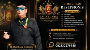 Pamflet resmi rekrutmen CV Ayunda Permata Sejahtera yang mengumumkan pembukaan lowongan kerja posisi Resepsionis. Kesempatan ini terbuka bagi kandidat terbaik yang siap menjadi garda terdepan dalam pelayanan perusahaan di Pamekasan.