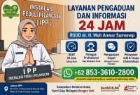 Pamflet layanan pengaduan RSUD dr. H. Moh Anwar Sumenep melalui Instalasi Peduli Pelanggan (IPP), sebagai ruang resmi masyarakat menyampaikan keluhan dan aspirasi secara cepat, terbuka, dan aktif 24 jam penuh.