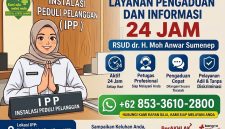 Pamflet layanan pengaduan RSUD dr. H. Moh Anwar Sumenep melalui Instalasi Peduli Pelanggan (IPP), sebagai ruang resmi masyarakat menyampaikan keluhan dan aspirasi secara cepat, terbuka, dan aktif 24 jam penuh.