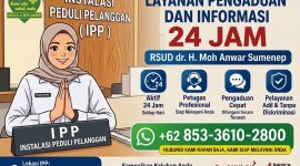 Pamflet layanan pengaduan RSUD dr. H. Moh Anwar Sumenep melalui Instalasi Peduli Pelanggan (IPP), sebagai ruang resmi masyarakat menyampaikan keluhan dan aspirasi secara cepat, terbuka, dan aktif 24 jam penuh.