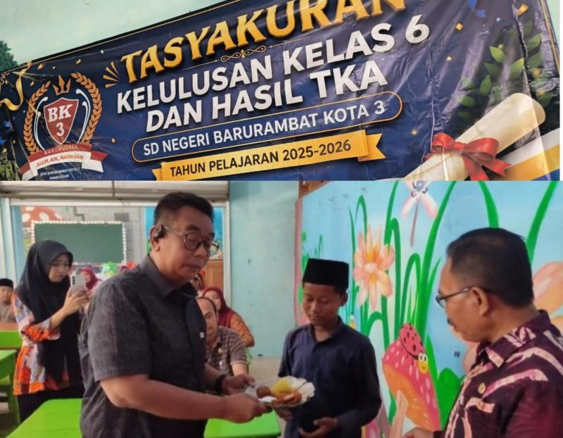 Suasana Tasyakuran Kelulusan Kelas VI dan Pengumuman Hasil TKA 2026 di SDN Barkot 3 yang dihadiri Kepala Sekolah Nadin, S.Pd., Ketua Komite H. Bambang Budianto, guru, serta seluruh wali murid.