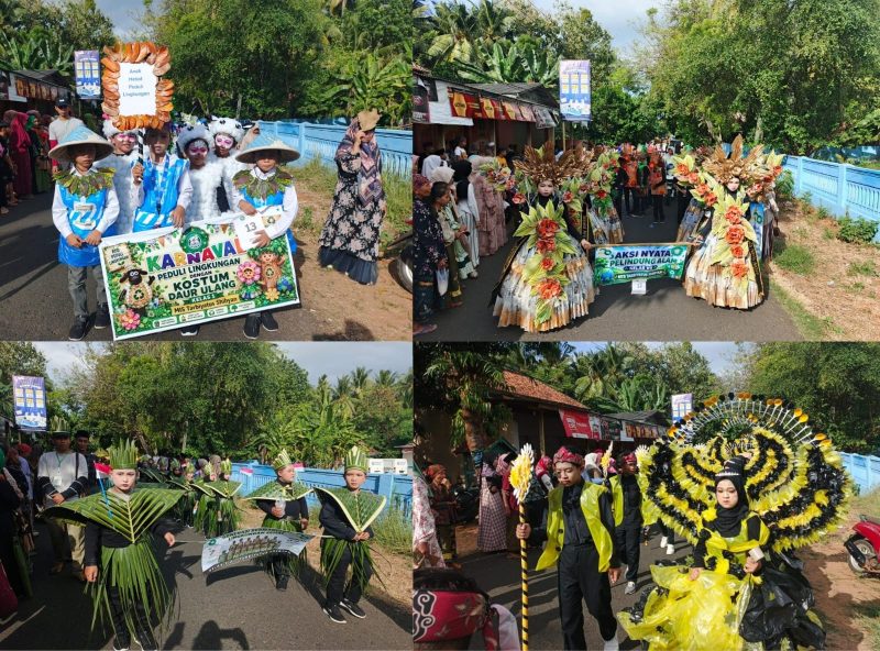 Siswa-siswi Lembaga Pendidikan Tarbiyatus Shibyan Desa Jadung, Kecamatan Dungkek, Kabupaten Sumenep, menampilkan kostum berbahan daur ulang dari berbagai barang bekas saat mengikuti Pawai Budaya dalam rangka Haflatul Imtihan dan HUT ke-58 Tarbiyatus Shibyan, Rabu (24/6/2026). Kegiatan tersebut mengusung tema pendidikan karakter peduli lingkungan melalui pemanfaatan sampah menjadi karya kreatif yang bernilai edukatif.