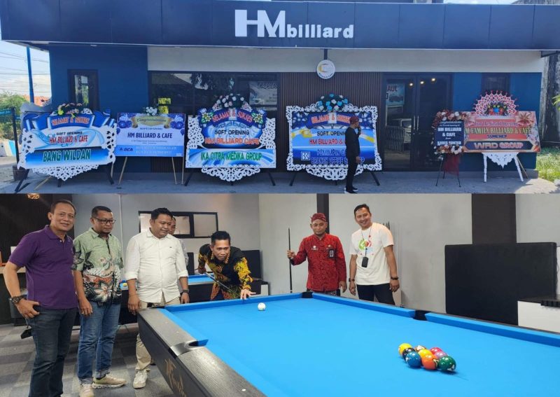 Suasana soft opening HM Cafe & Billiard di samping Hotel Kangean Sumenep, Jumat (26/6/2026), yang dihadiri unsur Pemerintah Kabupaten Sumenep, tokoh masyarakat, wartawan, dan komunitas biliar. HM Cafe & Billiard hadir dengan konsep memadukan olahraga, kuliner, dan ruang berkumpul yang nyaman.