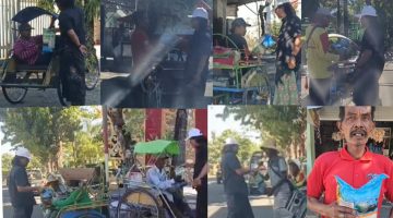 Pemimpin Redaksi Detikzone.id menyerahkan bantuan beras dan santunan uang tunai kepada seorang abang becak dalam rangka Hari ke-29 Program Berbagi Setiap Hari di Kota Sumenep, Senin (29/6/2026). Aksi kemanusiaan ini merupakan bentuk kepedulian kepada para pejuang nafkah yang kerap harus menunggu penumpang seharian demi menghidupi keluarganya.