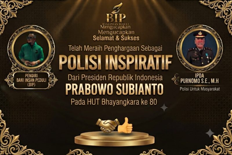 Founder BIP Foundation, H. Ali Zainal Abidin, memberikan apresiasi dan ucapan selamat kepada Ipda Purnomo atas penghargaan Presiden RI sebagai Polisi Inspiratif berkat dedikasinya di bidang kemanusiaan.